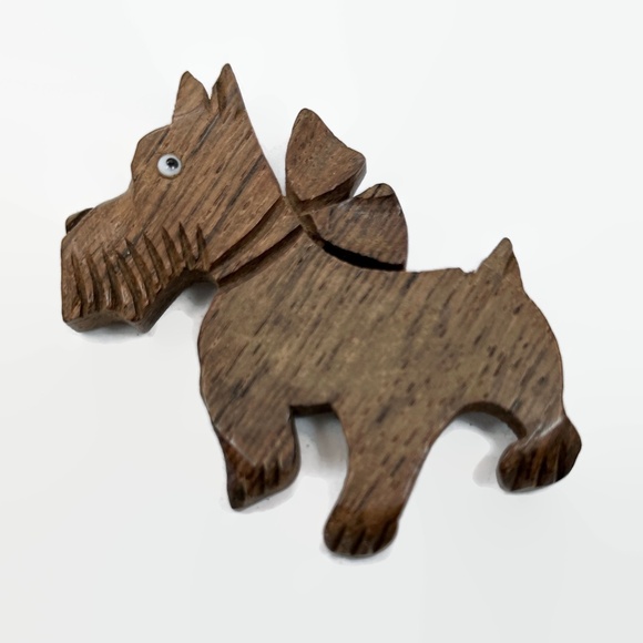Jewelry - Dog Brooch, 30s - 40s, Scotty Dog, Wood, Glass Eye, Handmade, Vintage, Large, 3"